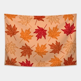 Colorful Detailed Orange Autumn Leaves Pattern on a Light Orange Backdrop, made by EndlessEmporium Tapestry