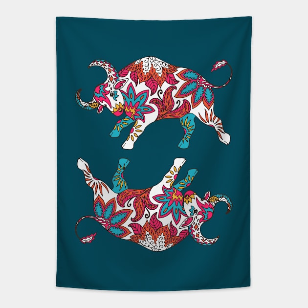 Paisley Oxen (Dark Teal Palette) Tapestry by illucalliart