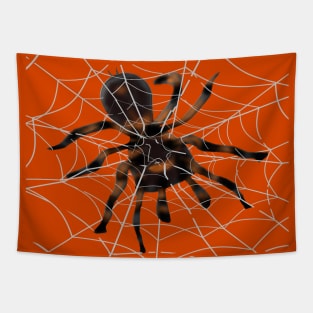Giant Halloween Spider in Spiderwebs (Orange Background) Tapestry