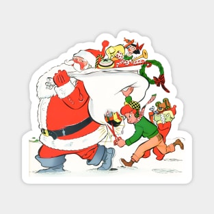 A boy cuts Santa's gift bag with scissors to steal toys on Merry Christmas night in the snow Retro Vintage Comic Cartoon Magnet