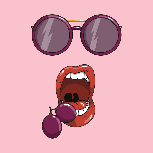 Mouth about to eat a two purple grapes while wearing matching purple sun glasses. by Fruit Tee