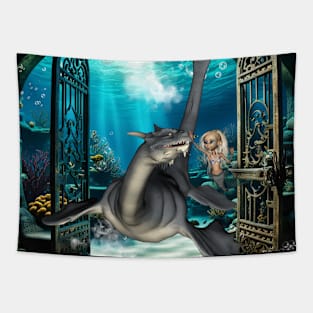 Cute little mermaid with seadragon. Tapestry