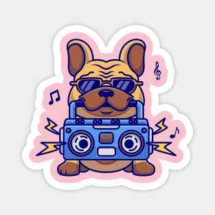 Cute Bulldog With Boombox Music Cartoon Magnet