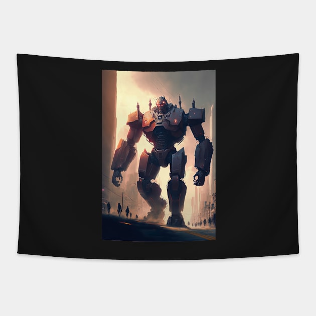 Giant futuristic robot attacking the city Tapestry by KoolArtDistrict