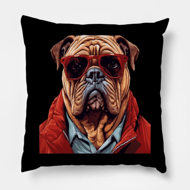 Dog in Red Glasses Pillow by ArtfulDesign