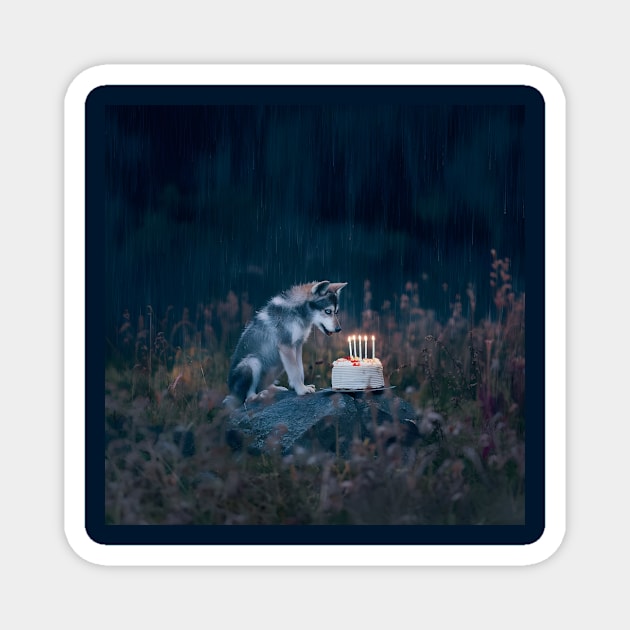 Siberian Husky Sits in Front of a Birthday Cake with Lit Candles, Suggesting a Celebration Magnet by animegirlnft