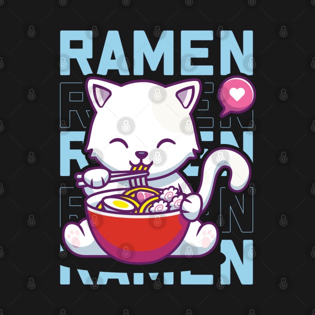 Cat Eating Ramen Cute Noodles, Kawaii Kittie Eating Japanese Noodle by laverdeden