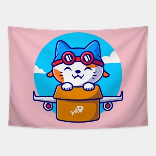 Cute Cat Flight With Cardboard Plane Cartoon Tapestry