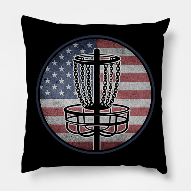 Funny Disc Golf Player USA American Flag Pillow by Visual Vibes