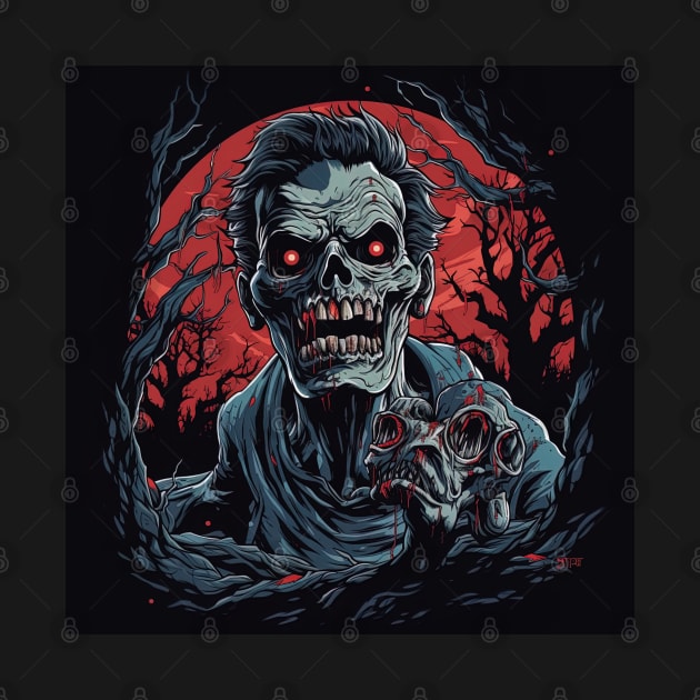 scary zombie with red eyes and red moon in background,halloween design by Maverick Media