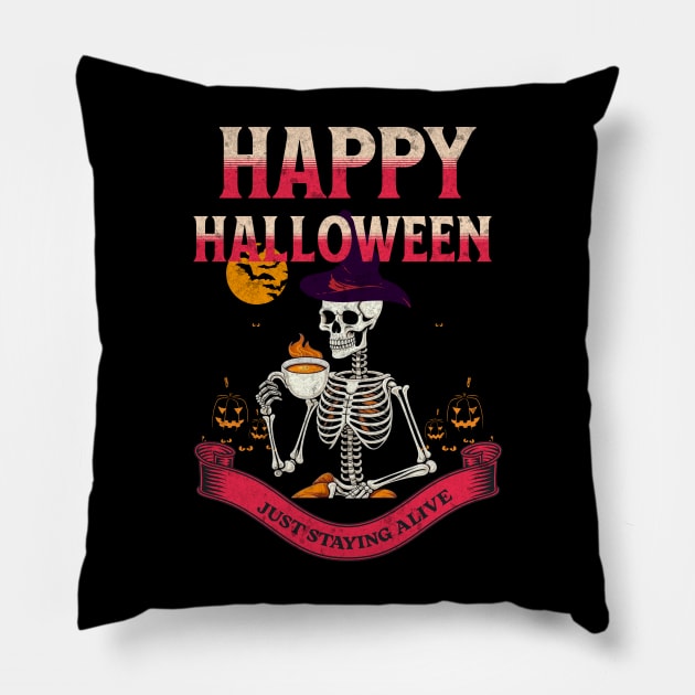 Halloween skeleton drinking coffee Pillow by VisionDesigner