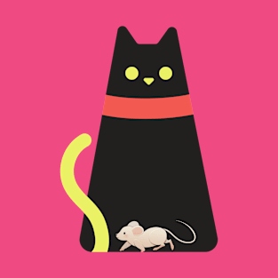 BLACK CAT WITH YELLOW TAIL AND ESCAPING FRIEND, MR. MOUSE T-Shirt