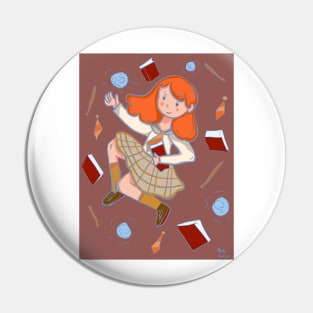 Redhead witch with books and magic wand Pin