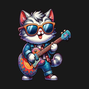 Cool Cat Rock Starguitar-Strumming Feline Design T-Shirt