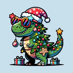 Tree-Rex Holiday Dinosaur - Christmas Tree T-Rex TreeRex Pun with Santa Hat, Lights and Ornaments T-Shirt