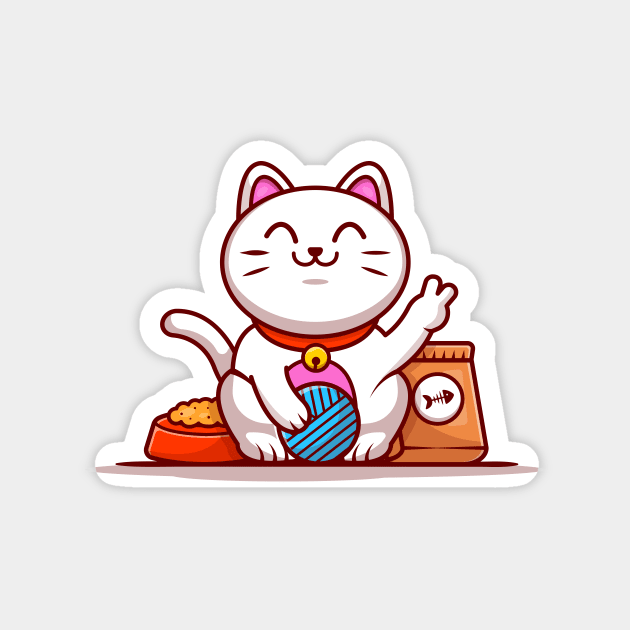 Cute Lucky Cat With Yarn Ball And Food Cartoon Vector Icon Illustration Magnet by Catalyst Labs