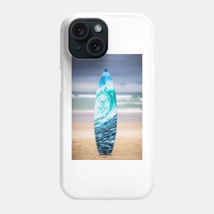 Light blue, turquoise wave painted on recycled surfboard on the beach Phone Case