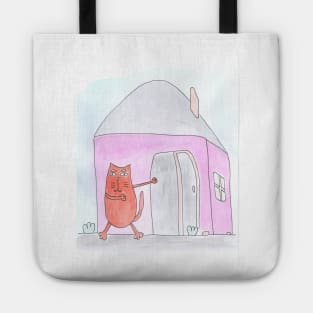 Cat points to the house. Real estate, rent, housewarming. Watercolor illustration humorous. Humor, fun design modern Tote