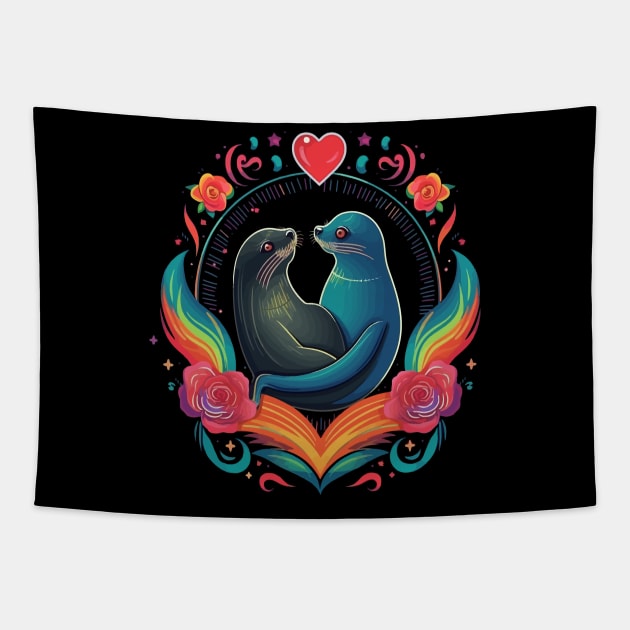 Sea Lion Valentine Day Tapestry by JH Mart