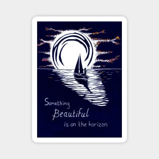 Something Beautiful is on The Horizon, Inspirational Linocut in Blue and Red Magnet