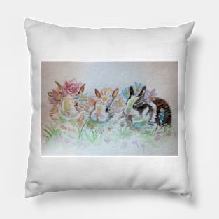 Rabbits Three Cute Bunnies Watercolour Pillow