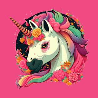 Whimsical Charm: A Cool and Colorful Fantasy Comic-Style Unicorn Emblem T-Shirt