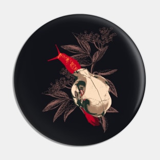 Enigmatic Escargots: Spooky Art Print Featuring Red Snail Donning Cat Skull Shell Pin