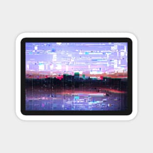 Glitched cyberpunk city skyline Magnet