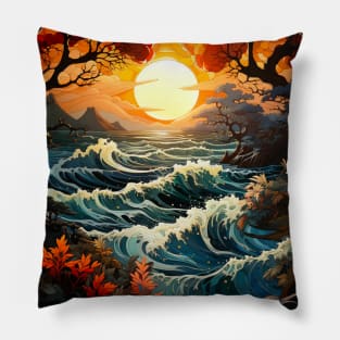 Waves ocean sunset 2 Pillow