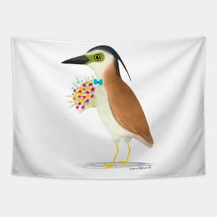 Nankeen Night Heron with a floral bouquet Tapestry