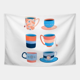 Coral and blue retro tea cups Tapestry