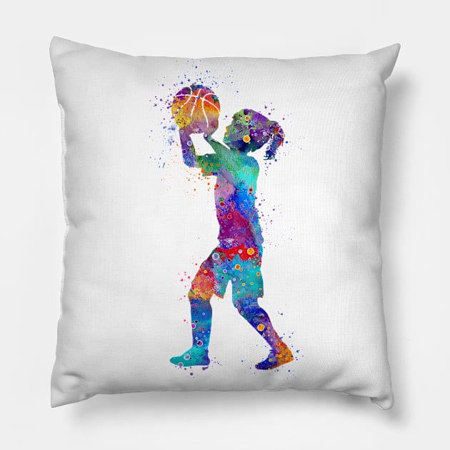 Girl Basketball Kid Watercolor Sport Gift Pillow by LotusGifts