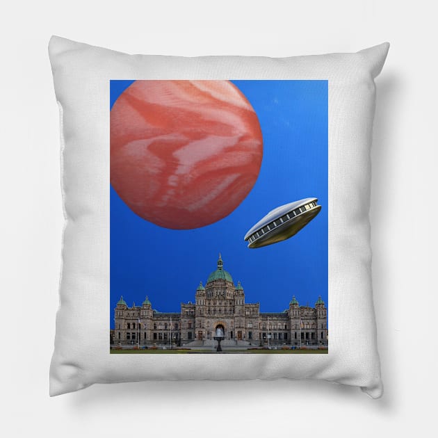 British Columbia Canada Parliament Buildings In Victoria Under A Pink Planet With A UFO Pillow by Courage Today Designs