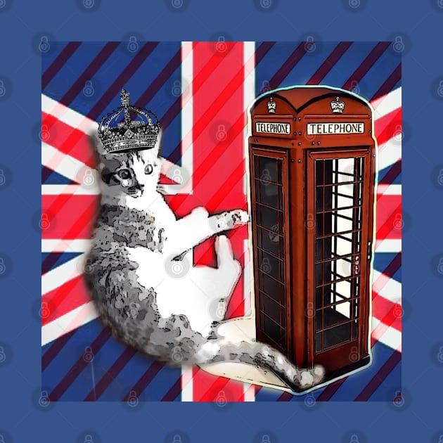 1980s dark academia uk union jack flag london telephone booth funny royal kitty cat by Tina