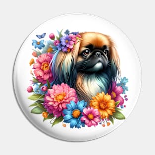 A pekingese decorated with beautiful colorful flowers. Pin