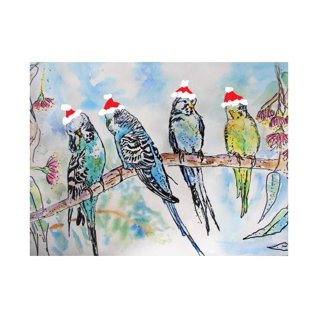 Christmas Budgies Budgerigars Sitting on A Branch Watercolor Painting by SarahRajkotwala