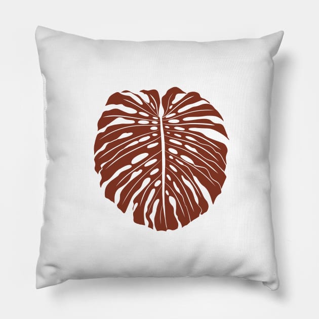 Red Brown Pink Monstera Leaf Pillow by gusstvaraonica