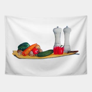 quirky still life art peppers and vegetables Tapestry