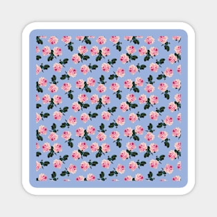 Scattered pink vintage roses on blue Magnet