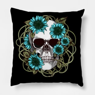 floral skull, cool skull, turquoise sunflowers skull mask face Pillow