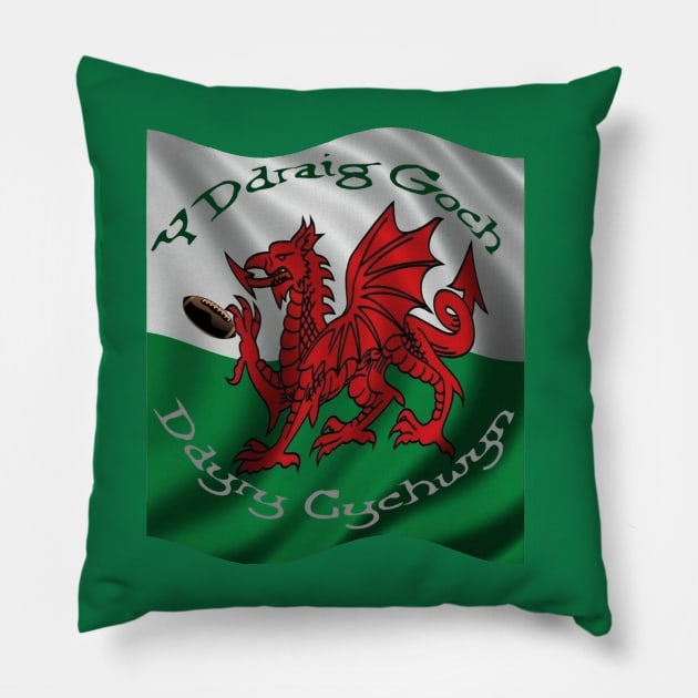 Y Ddraig Goch Ddyry Cychwyn Welsh Rugby And Flag Pillow by taiche