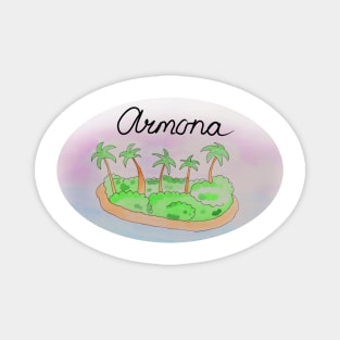 Armona watercolor Island travel, beach, sea and palm trees. Holidays and rest, summer and relaxation Magnet