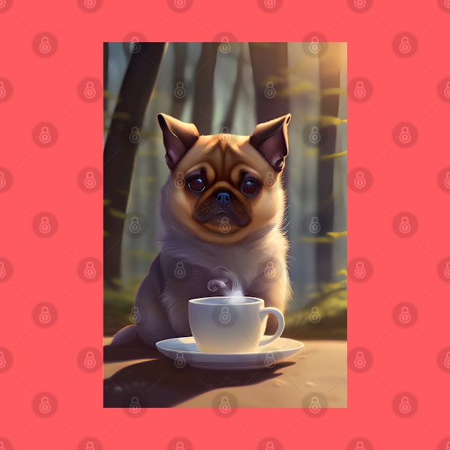 Cute Pug with a mug cup of morning coffee by akwl.design