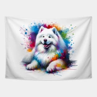 Samoyed Dog Captured in Colorful Abstract Splash Art Tapestry