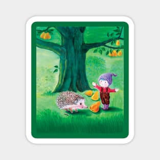 Hedgehog and Purple Hat Dwarf under the Pear Tree Illustration Magnet