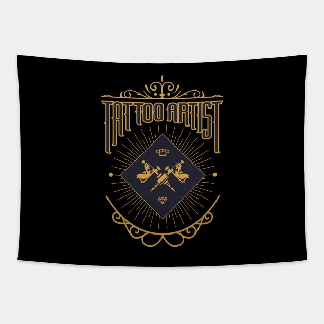 Tattoo Artist Golden Shield Tapestry by Inkarnated Sins Apparel