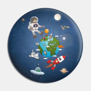 The astronaut and his rocket above planet earth Pin