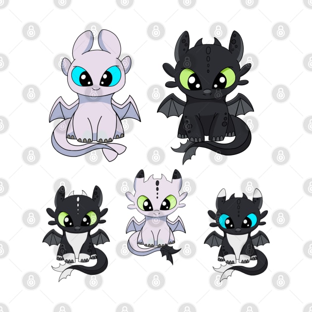 Dragons family, toothless and light fury, dragons babies, how to train your dragon family by PrimeStore