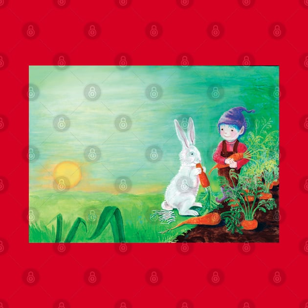 Rabbit Eating Carrot and a Gnome with Purple Hat Illustration by Julia Doria Illustration