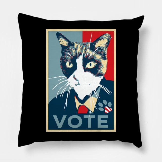 Cat running for president (Obama Hope logo) Pillow by sketchpets